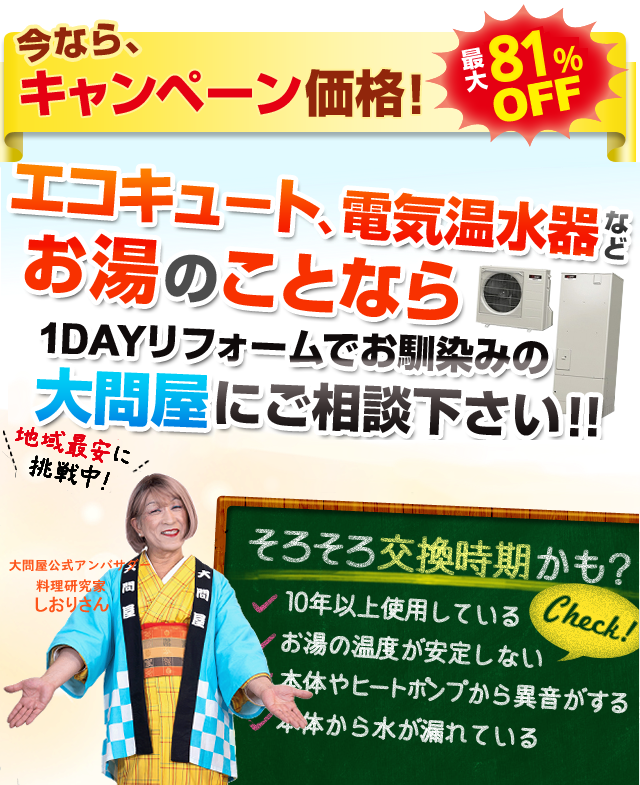 エコキュート、電気温水器などお湯のことなら1DAYリフォームでお馴染みの大問屋にご相談ください!!